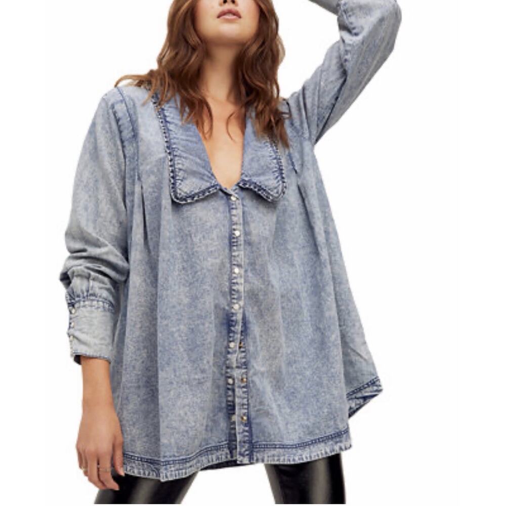 Free People Charlie M Oversized Acid Washed Button Down Denim Shirt Jacket 90s